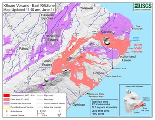 La zona baja de la región este del volcán, donde fluye la lava. El 14 de junio a las 11.00am locales.